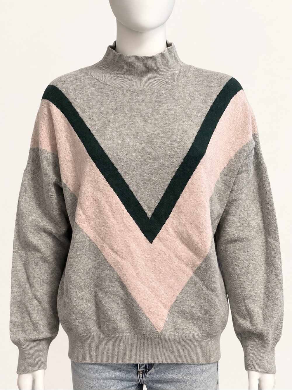 Old Navy Gray Mock-Neck Sweater with Pink and Dark Green Chevron